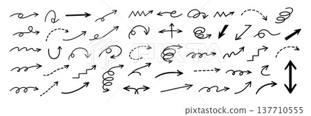 Hand drawn arrow collection with curved, spiral and dashed direction symbols, black doodle navigation pointers and sketch lines for design, infographic, instruction or route guidance 137710555