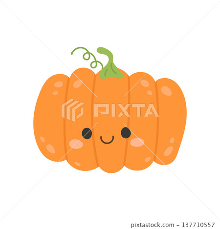 Cute pumpkin character with smiling face, orange autumn vegetable illustration for harvest season, halloween decoration and thanksgiving food themes Cute pumpkin character with smiling face, orange autumn vegetable illustration for harvest season, halloween decoration and thanksgiving food themes 137710557