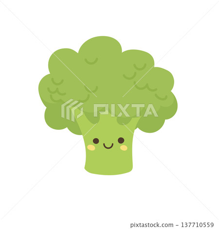 Cute broccoli vegetable character with smiling face, green organic food illustration symbolizing healthy nutrition, plant based diet and fresh farm produce Cute broccoli vegetable character with smiling face, green organic food illustration symbolizing healthy nutrition, plant based diet and fresh farm produce 137710559