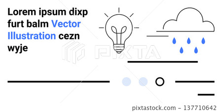 Creativity, problem-solving, innovation, brainstorming, climate awareness, education. Lightbulb and cloud with raindrops, minimal lines and abstract text. Creativity and problem-solving concept Creativity, problem-solving, innovation, brainstorming, climate awareness, education. Lightbulb and cloud with raindrops, minimal lines and abstract text. Creativity and problem-solving concept 137710642