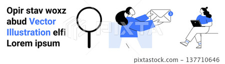 Communication tools, email alerts, online work, remote collaboration, information search, digital messages. A person holding an email and another working on a laptop. Communication tools and email Communication tools, email alerts, online work, remote collaboration, information search, digital messages. A person holding an email and another working on a laptop. Communication tools and email 137710646