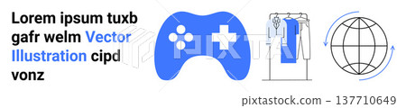 Gaming, global trade, e-commerce, fashion industry, digital connectivity, and supply chain. Blue game controller with a cross symbol, clothes on a rack and a globe with arrows. Gaming and global Gaming, global trade, e-commerce, fashion industry, digital connectivity, and supply chain. Blue game controller with a cross symbol, clothes on a rack and a globe with arrows. Gaming and global 137710649