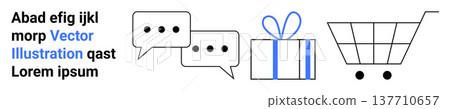 Online shopping, retail communication, customer service, holiday gifting, e-commerce, user interaction. Chat bubbles, gift box shopping cart in black and blue hues. Retail communication Online shopping, retail communication, customer service, holiday gifting, e-commerce, user interaction. Chat bubbles, gift box shopping cart in black and blue hues. Retail communication 137710657