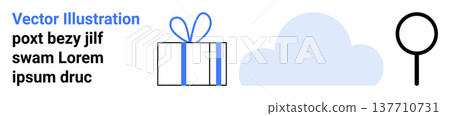 Technology, cloud storage, data search, business tools, online services, gifts. Features a gift box, cloud shape magnifying glass. Cloud storage and data search concepts 137710731