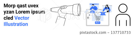 Digital communication, e-commerce, user interface design, customer experience, search tools, online visibility. Telescope and online shopping icon with user silhouette. Digital communication Digital communication, e-commerce, user interface design, customer experience, search tools, online visibility. Telescope and online shopping icon with user silhouette. Digital communication 137710733