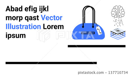 E-commerce, AI technology, shopping, branding, intellectual creativity, retail solutions. Blue bag with tag, brain icon and layered papers. E-commerce and AI technology E-commerce, AI technology, shopping, branding, intellectual creativity, retail solutions. Blue bag with tag, brain icon and layered papers. E-commerce and AI technology 137710734