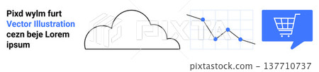Cloud storage, data visualization, e-commerce, technology, digital solutions, consumer behavior. Cloud icon, line chart shopping cart box. Cloud storage and data visualization 137710737