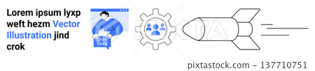 Business planning, teamwork, innovation, technology, education, mission goals. A figure with a Learn More banner, gear with group and rocket icon. Business planning and teamwork Business planning, teamwork, innovation, technology, education, mission goals. A figure with a Learn More banner, gear with group and rocket icon. Business planning and teamwork 137710751