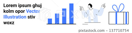 Business presentation, analytics, growth strategy, gift exchange, marketing insights, corporate planning. Blue bar chart, a man pointing and a gift box. Business presentation and analytics 137710754