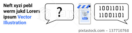 Digital communication, e-commerce, data exchange, technology, online shopping, coding system. A mobile shopping icon, binary code and question mark in speech bubbles. E-commerce and technology 137710768