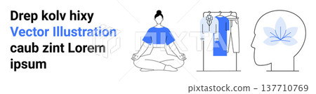 Wellness, mindfulness, mental health, sustainable fashion, modern design, conscious living. Woman meditating, clothes on a rack head profile with a lotus. Wellness and mindfulness concepts Wellness, mindfulness, mental health, sustainable fashion, modern design, conscious living. Woman meditating, clothes on a rack head profile with a lotus. Wellness and mindfulness concepts 137710769