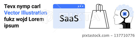 Software technology, online shopping, artificial intelligence, SaaS platforms, digital marketing, innovation. Window with SaaS text, shopping bag human brain with AI symbol. SaaS and online shopping Software technology, online shopping, artificial intelligence, SaaS platforms, digital marketing, innovation. Window with SaaS text, shopping bag human brain with AI symbol. SaaS and online shopping 137710776