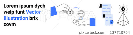 Finance, payment transaction, digital exchange, data security, eye symbol monitoring, and document verification. Hand passing money, document stack and eye over pyramid. Finance and payment 137710794