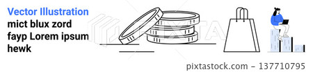 E-commerce, financial growth, online business, digital shopping, retail trends, economic success. Image features coins, shopping bag seated person on steps. E-commerce and financial growth E-commerce, financial growth, online business, digital shopping, retail trends, economic success. Image features coins, shopping bag seated person on steps. E-commerce and financial growth 137710795