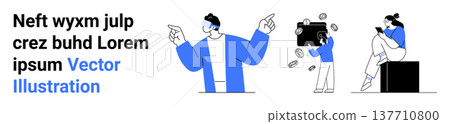 Business growth, online transactions, financial success, communication, mobile technology, work balance. Individual pointing outward, person holding money bag seated figure on a device. Business Business growth, online transactions, financial success, communication, mobile technology, work balance. Individual pointing outward, person holding money bag seated figure on a device. Business 137710800