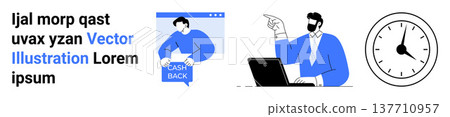 Business strategy, time management, cashback promotion, online service, teamwork, productivity. Man pointing while working on a laptop and cashback concept visual. Business strategy and time Business strategy, time management, cashback promotion, online service, teamwork, productivity. Man pointing while working on a laptop and cashback concept visual. Business strategy and time 137710957