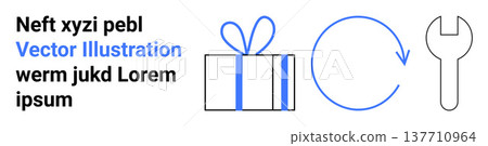 Maintenance services, customer rewards, gift giving, recycling concepts, repair tools, and updates. A gift box, circular arrow and wrench illustrate concepts. Gift giving and maintenance Maintenance services, customer rewards, gift giving, recycling concepts, repair tools, and updates. A gift box, circular arrow and wrench illustrate concepts. Gift giving and maintenance 137710964