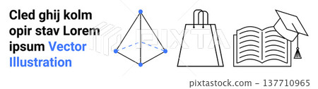Education, e-commerce, knowledge, learning, science, achievement. Minimal line drawings of a geometric shape, shopping bag and open book with graduate cap. Education and e-commerce concepts Education, e-commerce, knowledge, learning, science, achievement. Minimal line drawings of a geometric shape, shopping bag and open book with graduate cap. Education and e-commerce concepts 137710965