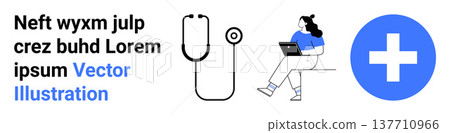 Telemedicine, healthcare technology, remote diagnosis, modern medical services, digital communication, health monitoring. Stethoscope, person on laptop and medical cross. Telemedicine and healthcare 137710966