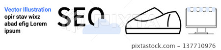 Online marketing, branding, search engine optimization, minimal design, eCommerce, digital media. Text SEO with cloud, shoe outline and a computer screen. Online marketing and branding Online marketing, branding, search engine optimization, minimal design, eCommerce, digital media. Text SEO with cloud, shoe outline and a computer screen. Online marketing and branding 137710976