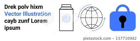 Cybersecurity, data privacy, communication, global networks, digital interaction, consumer goods. Milk carton, globe with arrows and padlock icon. Cybersecurity and global networks concepts Cybersecurity, data privacy, communication, global networks, digital interaction, consumer goods. Milk carton, globe with arrows and padlock icon. Cybersecurity and global networks concepts 137710982