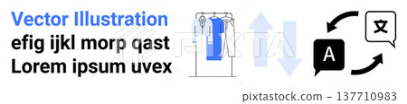 Language learning, e-commerce tools, content translation, globalization, online shopping, multilingual services. Clothes on hangers, language icons arrows. Language learning and e-commerce tools 137710983