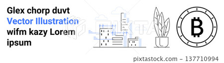 Digital finance, urban planning, environmental balance, blockchain trends, creative industries, digital content icons. Sketched buildings, plant Bitcoin symbol. Digital finance and urban planning Digital finance, urban planning, environmental balance, blockchain trends, creative industries, digital content icons. Sketched buildings, plant Bitcoin symbol. Digital finance and urban planning 137710994