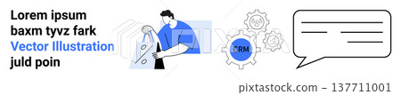 Customer relations, team management, communication tools, business strategy, marketing, service process. Man holding divider, CRM icon with gears chat bubble. CRM and communication tools concept Customer relations, team management, communication tools, business strategy, marketing, service process. Man holding divider, CRM icon with gears chat bubble. CRM and communication tools concept 137711001