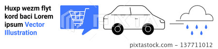 Online shopping, logistics, weather forecasting, retail, transportation, climate change. Shopping cart icon, car rain cloud with raindrops. Online shopping and logistics concept 137711012