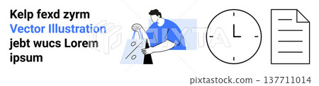 E-commerce, time management, business planning, online shopping, retail offers, digital tools. Person holding a discount shopping bag, clock and document icons. Online shopping and time management E-commerce, time management, business planning, online shopping, retail offers, digital tools. Person holding a discount shopping bag, clock and document icons. Online shopping and time management 137711014