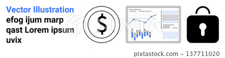 Finance, business analytics, data security, financial management, investment tools, cybersecurity. Icons show a dollar symbol, data analytics graph and security lock. Finance and business analytics Finance, business analytics, data security, financial management, investment tools, cybersecurity. Icons show a dollar symbol, data analytics graph and security lock. Finance and business analytics 137711020