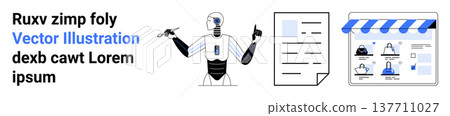 Technology, business automation, e-commerce, robotics, digital tools, innovation. Robot pointing to a document and online store interface. Technology and business automation concept Technology, business automation, e-commerce, robotics, digital tools, innovation. Robot pointing to a document and online store interface. Technology and business automation concept 137711027