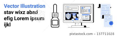 Cybersecurity, document management, data analytics, online protection, compliance, digital record-keeping. Monitor showing shield icons, graphs charts documents. Cybersecurity and document Cybersecurity, document management, data analytics, online protection, compliance, digital record-keeping. Monitor showing shield icons, graphs charts documents. Cybersecurity and document 137711028