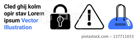 Cybersecurity, retail theft prevention, warning signals, data protection, cautionary alerts, e-commerce safety. Lock, warning icon and handbag with a tag. Cybersecurity and retail theft prevention Cybersecurity, retail theft prevention, warning signals, data protection, cautionary alerts, e-commerce safety. Lock, warning icon and handbag with a tag. Cybersecurity and retail theft prevention 137711033