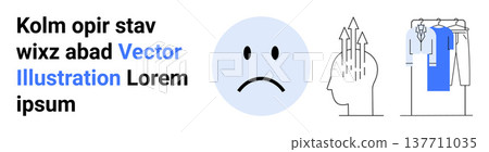 Emotional well-being, mental health, personal growth, fashion, retail design, lifestyle . Blue sad face, arrows above a head clothing rack illustration. Mental health and personal growth concept 137711035