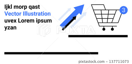Business growth, e-commerce, online retail, shopping notifications, sales analysis, market trends. Blue arrows rising upward with shopping cart and notification icon. Business growth and e-commerce 137711073