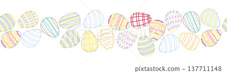 A seamless horizontal pattern with Easter eggs, outline design. A banner featuring cute patterned eggs with polka dots, flowers, and stripes. 137711148