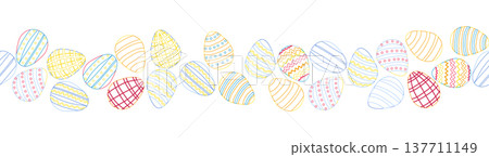 A seamless horizontal pattern with Easter eggs, outline design. A banner featuring cute patterned eggs with polka dots, flowers, and stripes. A seamless horizontal pattern with Easter eggs, outline design. A banner featuring cute patterned eggs with polka dots, flowers, and stripes. 137711149
