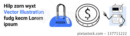 E-commerce, digital transactions, AI automation, retail, finance, marketing tools. Bag, coin symbol and robot icon . E-commerce and digital transactions with modern simplicity 137711222