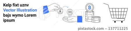 E-commerce, cryptocurrency, digital payment, online transaction, trade, finance. Hand exchanging dollar for bitcoin, shopping cart. E-commerce and cryptocurrency concepts E-commerce, cryptocurrency, digital payment, online transaction, trade, finance. Hand exchanging dollar for bitcoin, shopping cart. E-commerce and cryptocurrency concepts 137711225