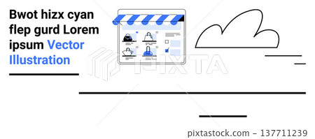 Digital services, cloud computing, online profiles, data sharing, internet security, web design. A storefront-style window with user icons and cloud symbol. Digital services and cloud computing 137711239