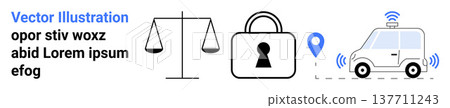 Data protection, legal systems, navigation, cybersecurity, smart technology, wireless communication. ion of scales, lock GPS pin and smart car. Data security and legal compliance concepts 137711243