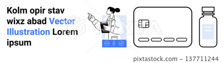 Online healthcare, telemedicine, financial transactions, digital services, medical access, pharmacy solutions. A doctor gestures with a virtual interface, credit card and medicine bottle. Online Online healthcare, telemedicine, financial transactions, digital services, medical access, pharmacy solutions. A doctor gestures with a virtual interface, credit card and medicine bottle. Online 137711244