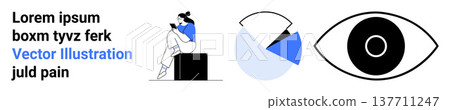 Education, analytics, vision, self-growth, learning, data visualization. Woman reading on a box, pie chart and eye graphic. Education and analytics concept knowledge and insights 137711247