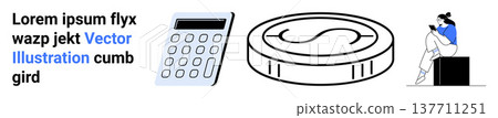 Financial management, e-commerce, budgeting, fintech, savings, online shopping. Calculator, large coin and a person using a mobile device. Financial management and e-commerce Financial management, e-commerce, budgeting, fintech, savings, online shopping. Calculator, large coin and a person using a mobile device. Financial management and e-commerce 137711251