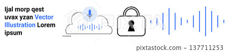 Cybersecurity, voice recognition, data encryption, cloud storage, secure communication, technology innovation. Cloud with microphone icon, padlock sound waves. Cybersecurity and voice recognition Cybersecurity, voice recognition, data encryption, cloud storage, secure communication, technology innovation. Cloud with microphone icon, padlock sound waves. Cybersecurity and voice recognition 137711253