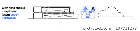 Education, learning, digital tools, data visualization, cloud storage, literature. Stack of books, digital diagram and cloud outline. Education and digital tools concept 137711258