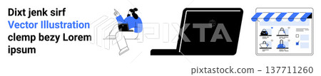 Digital marketing, e-commerce, business growth, online shopping, telework, and web development. Cartoon person with laptop, digital storefront and computer. E-commerce and digital marketing concept Digital marketing, e-commerce, business growth, online shopping, telework, and web development. Cartoon person with laptop, digital storefront and computer. E-commerce and digital marketing concept 137711260