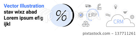 Business automation, data management, cloud solutions, software tools, productivity, analytics. Percentage symbol with ERP and CRM linked by icons. Business automation and data management concept Business automation, data management, cloud solutions, software tools, productivity, analytics. Percentage symbol with ERP and CRM linked by icons. Business automation and data management concept 137711261