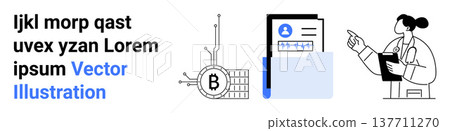 Cryptocurrency, blockchain, authentication, identity verification, fintech, secure data. Bitcoin symbol with circuit, ID document and a professional reviewing a profile. Cryptocurrency Cryptocurrency, blockchain, authentication, identity verification, fintech, secure data. Bitcoin symbol with circuit, ID document and a professional reviewing a profile. Cryptocurrency 137711270